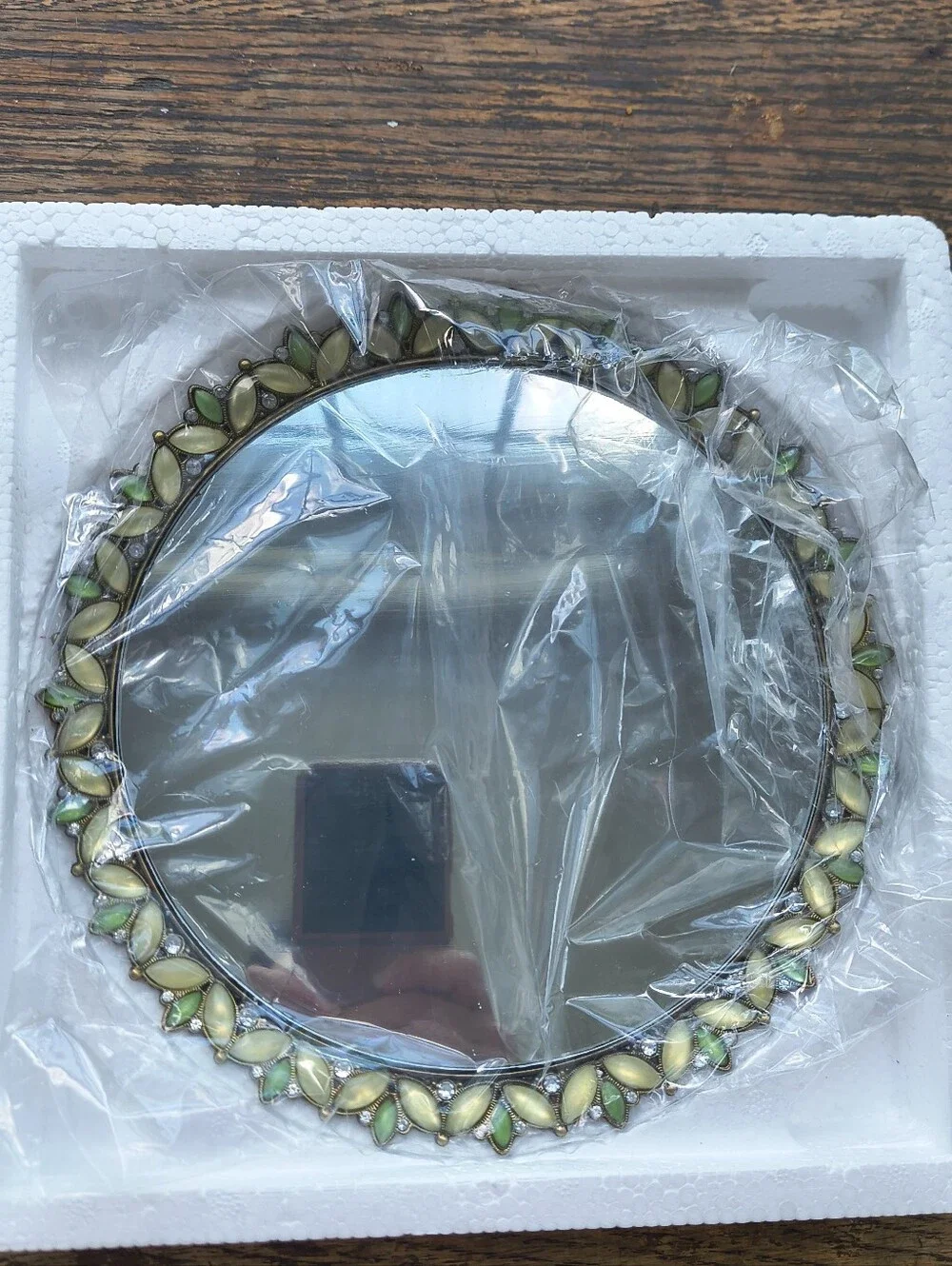 Elegant Round Mirrored Tray with Green Beaded Frame